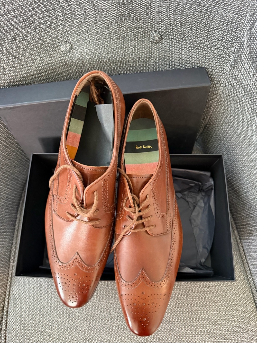 Paul Smith Tan Leather Brogue Oxfords with Signature Stripe Insole